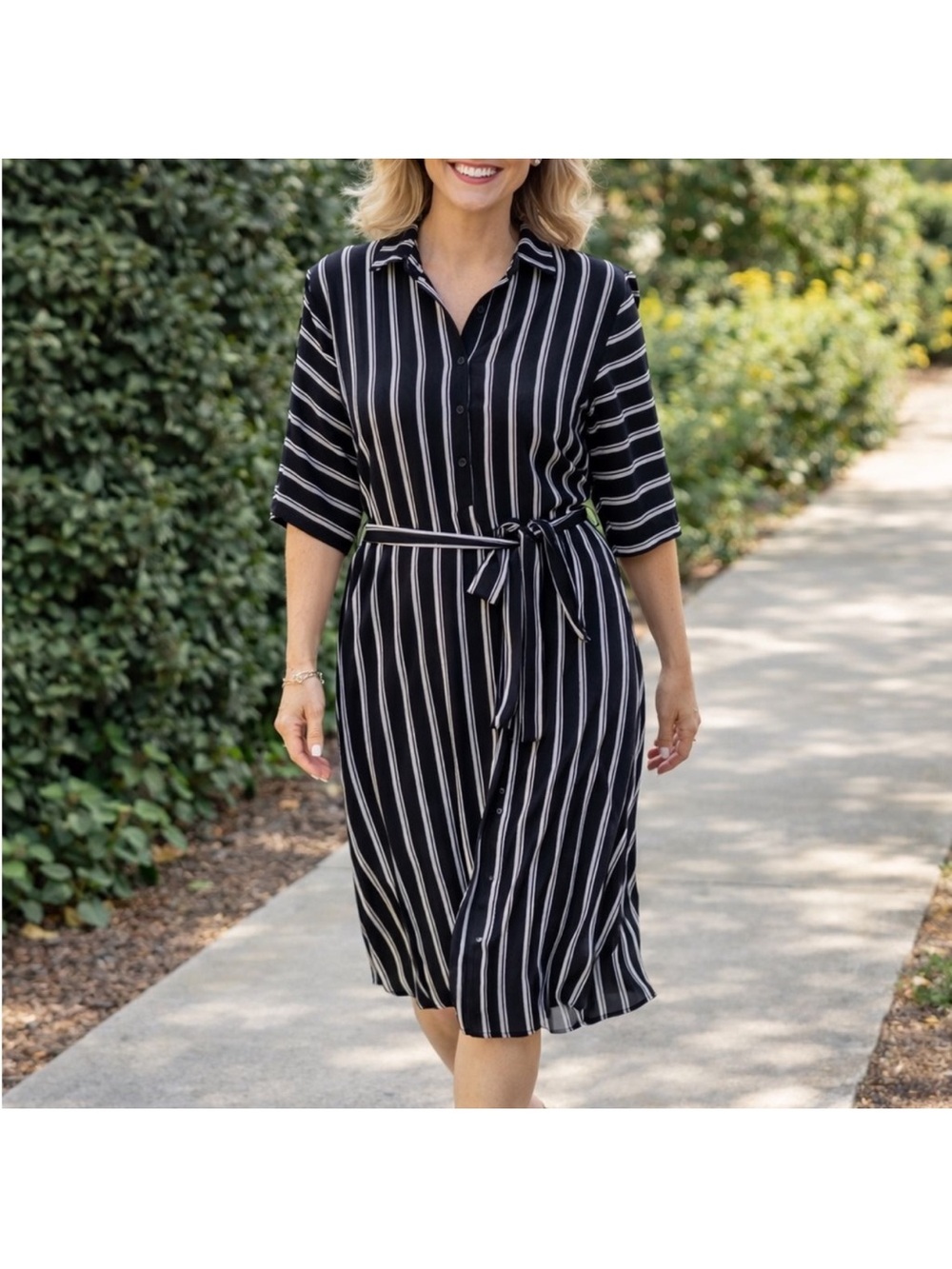 Striped Black & White Midi Shirt Dress with Self Tie